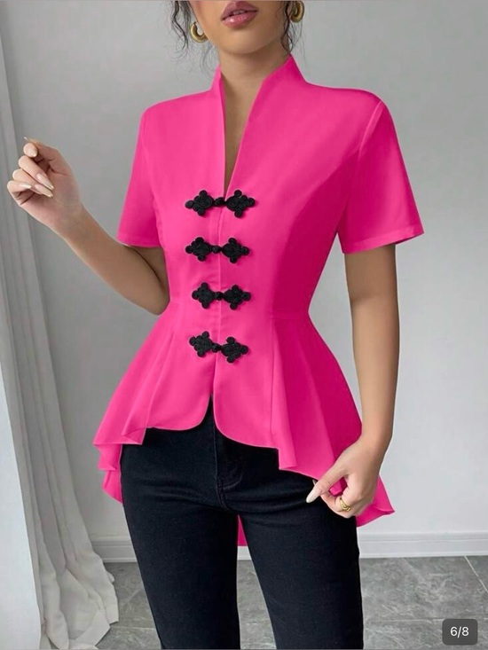SHEIN Tops - Blouse With Handmade Button Front & Asymmetrical Hem Fuchsia Black Large